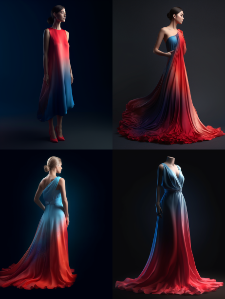 mid journey fashion imagine prompt - female gradient color is red and blue silky dress