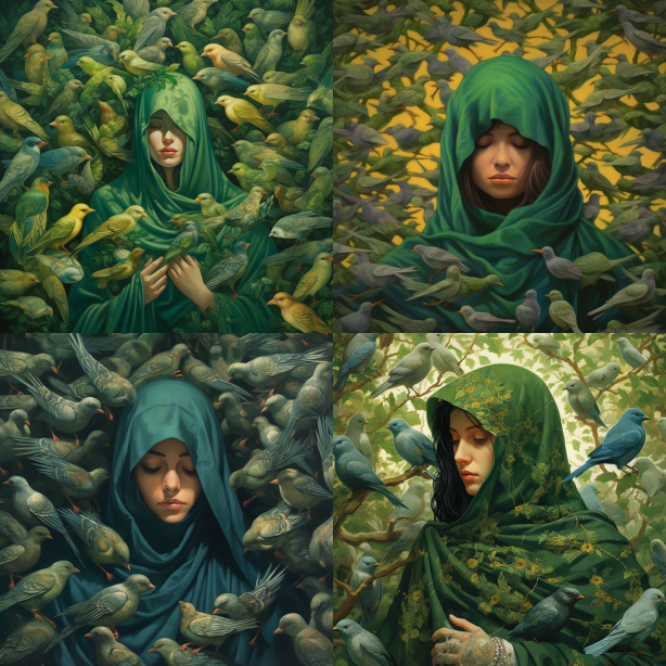 woman , surrounded by birds in a lush green environment