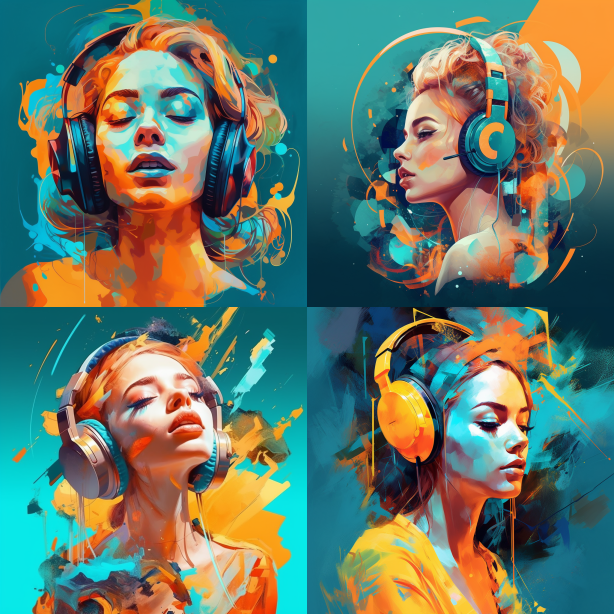 Colorful graphic art of a woman wearing headphones