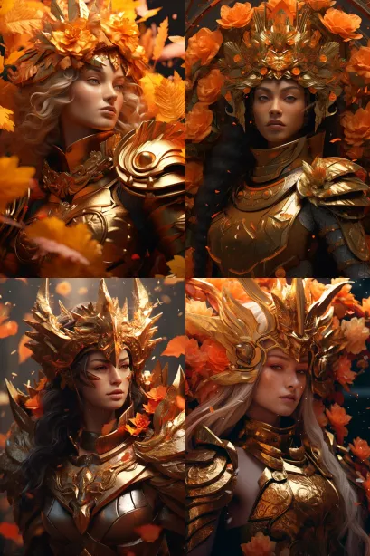 A woman wearing armor and a flower crown