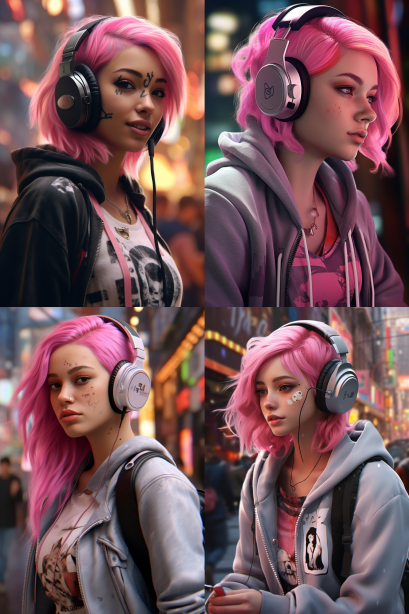 A girl with pink hair and headphones,