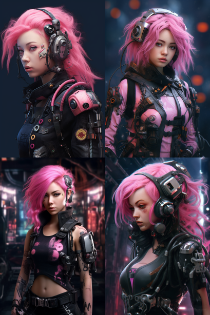 A woman with pink hair and gear on her back, in the style of hyper-realistic portraits,