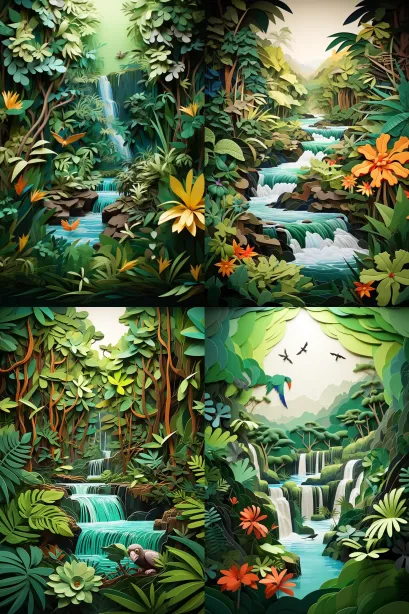 A paper cut craft style scene of a tropical rainforest