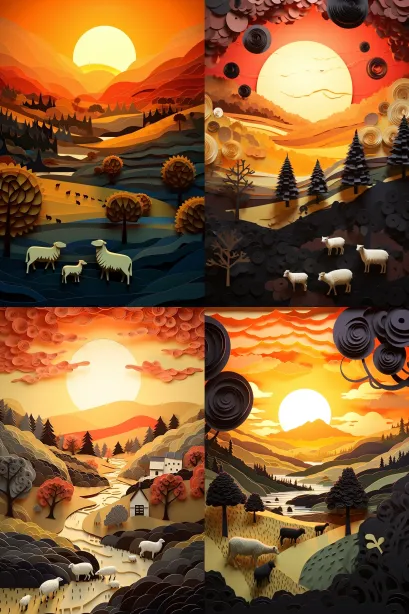 Create a paper art silhouette depicting a peaceful countryside landscape at sunset