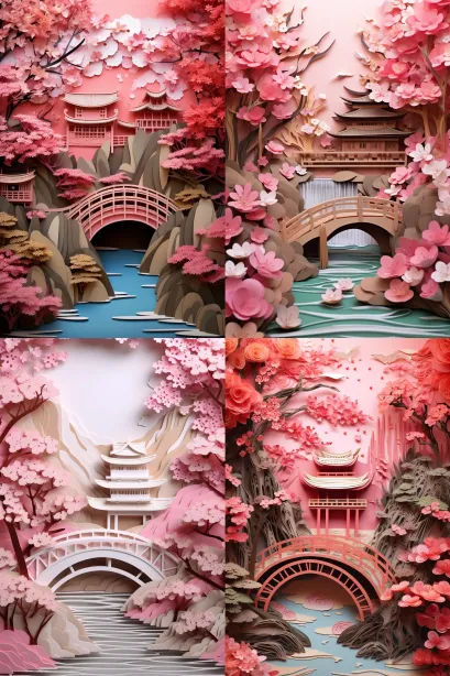 Paper cut craft style scene of a serene Japanese garden with blooming cherry blossoms