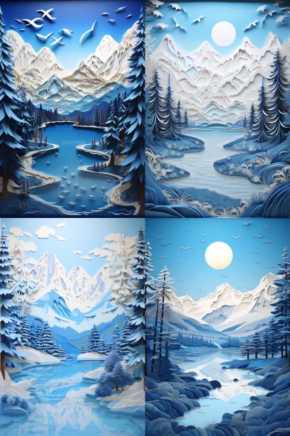 Paper art featuring a tranquil lake surrounded by majestic snow-capped mountains,