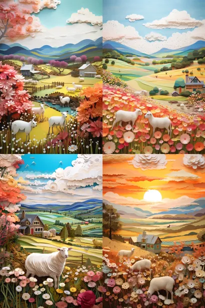 paper art landscape showcasing a peaceful countryside meadow