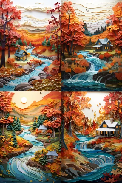 paper art landscape depicting a serene autumn scene